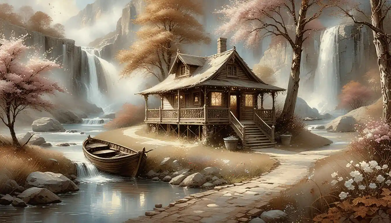 Watercolor cabin by a blossom tree beside a waterfall