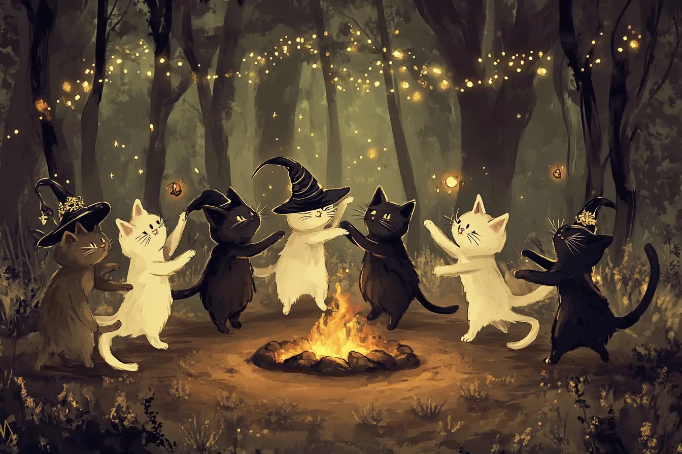 Playful witch cats dancing in a forest around fire