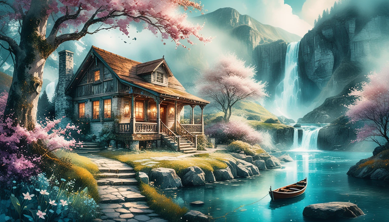 Watercolor cabin by a blossom tree beside misty waterfall