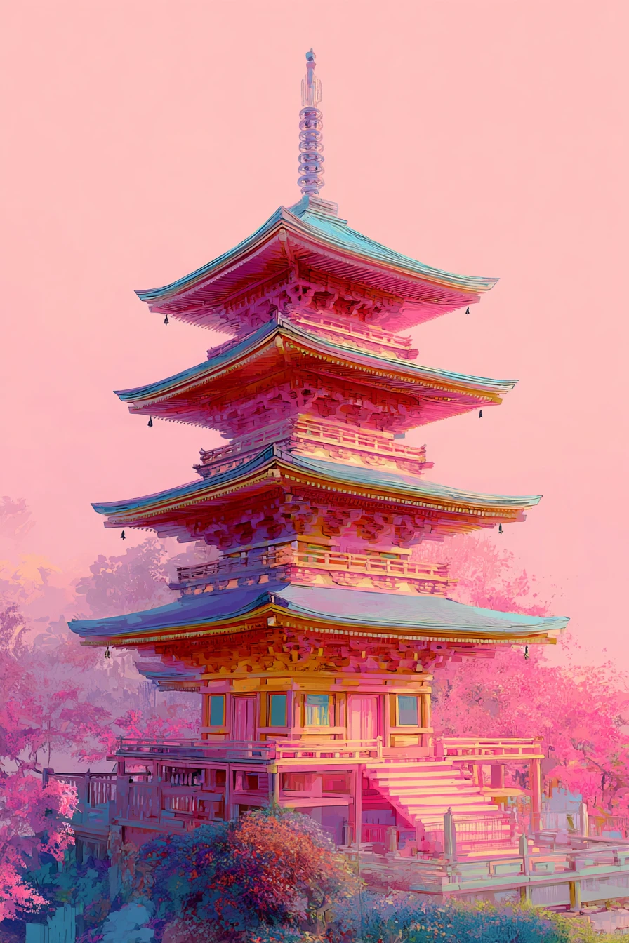Pagoda zen abstracta futurista que brilla en colores primaverales pastel