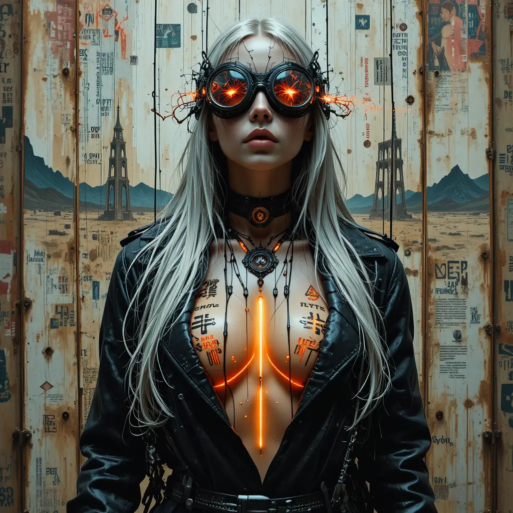 Cybernetic sorceress portrait in neon glitch soaked trench coat