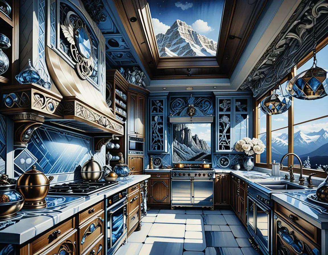 Colorful fantasy kitchen interior with dark wood and stone