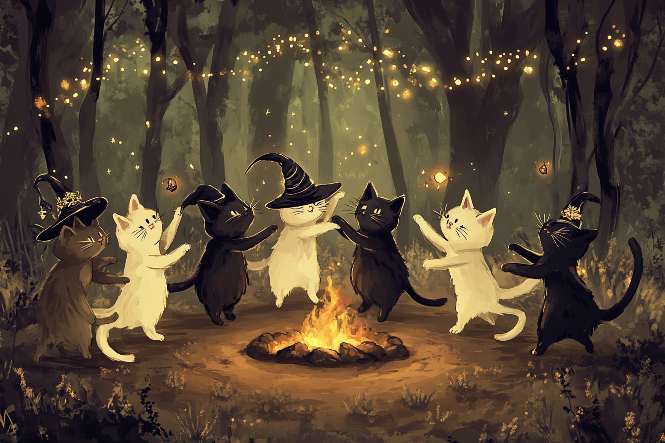 Gatas brujas juguetonas bailando en un bosque alrededor del fuego