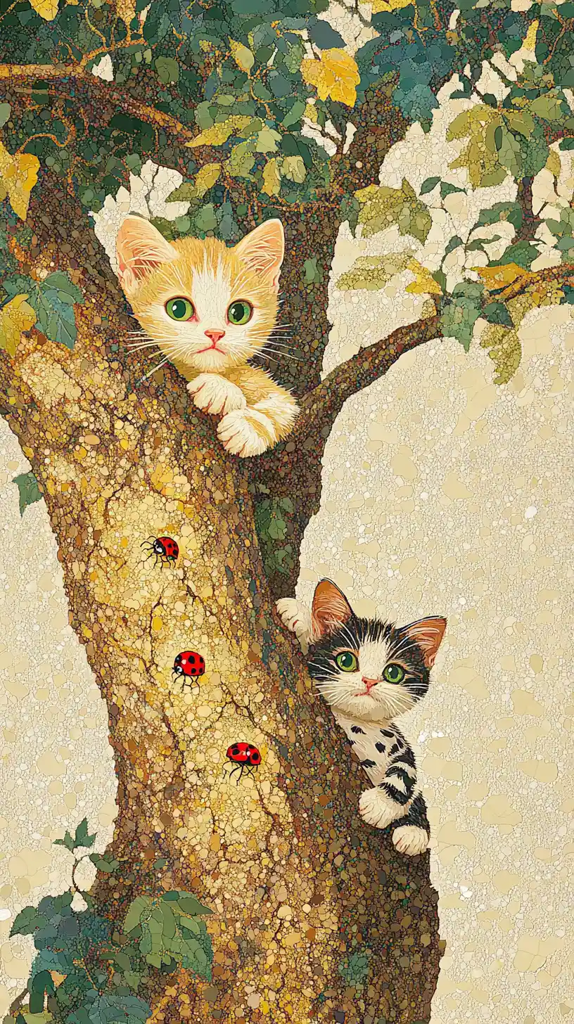 Curious kittens hiding behind a tree with a small dog