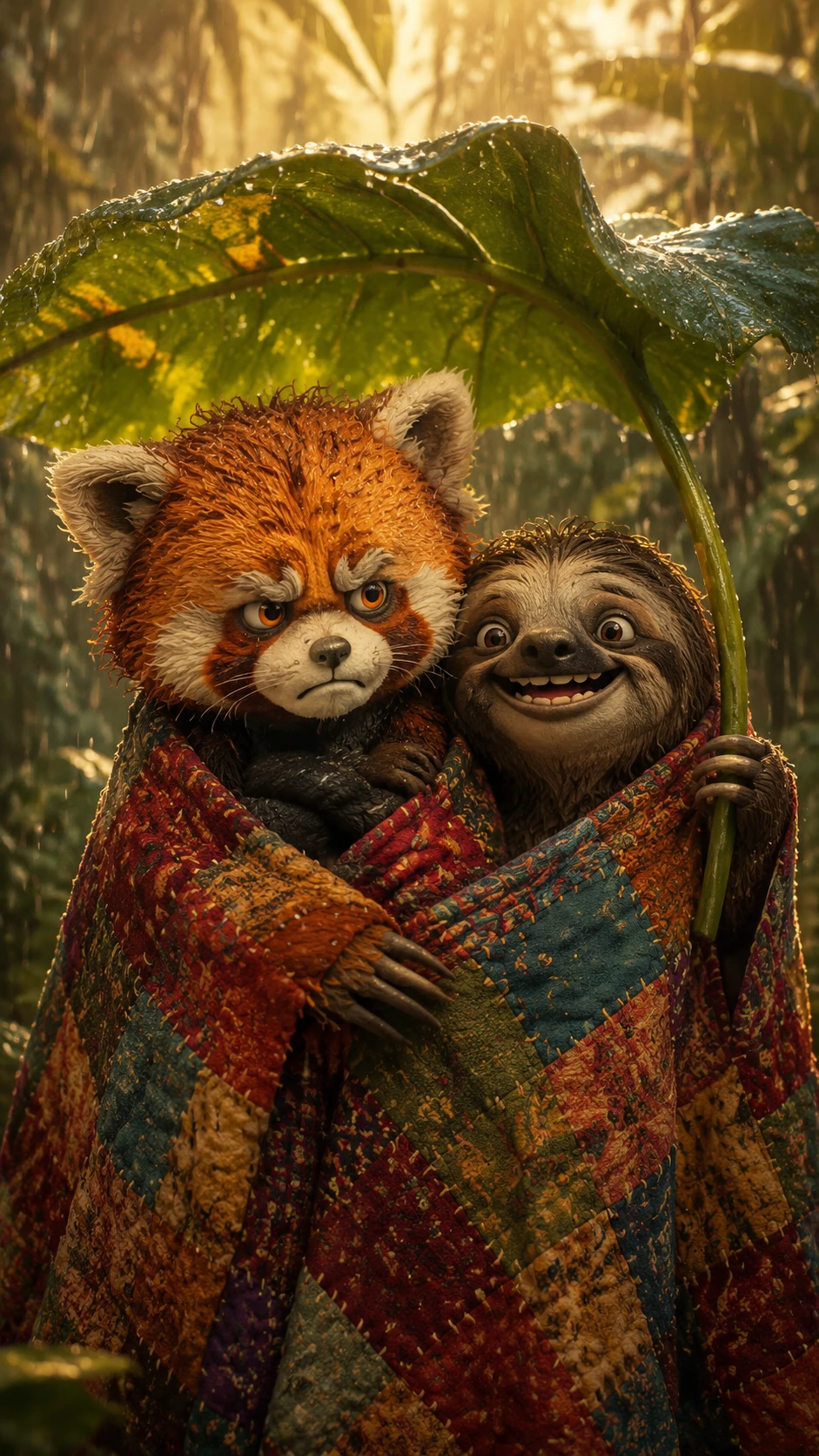 Red panda and sloth cuddling under a tropical leaf