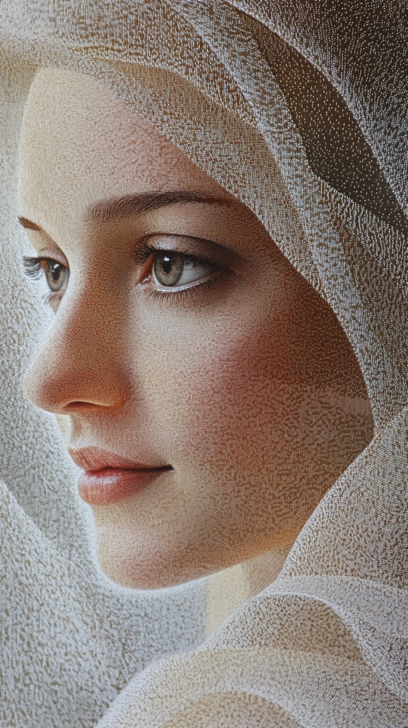 Portrait pointilliste d’une femme tressée voilée par une chevelure flottante