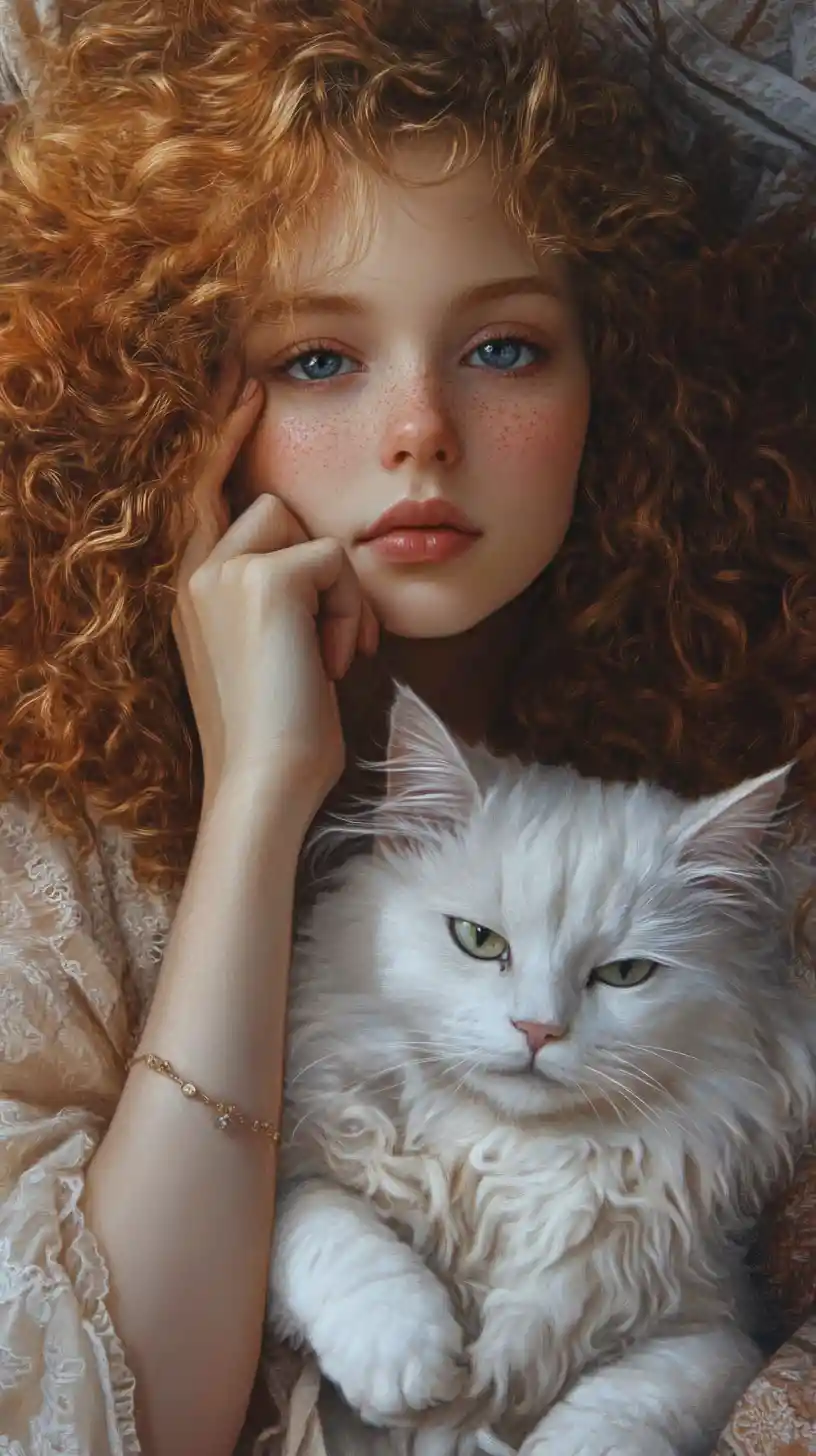 Curly haired girl with white cat on a striped blanket
