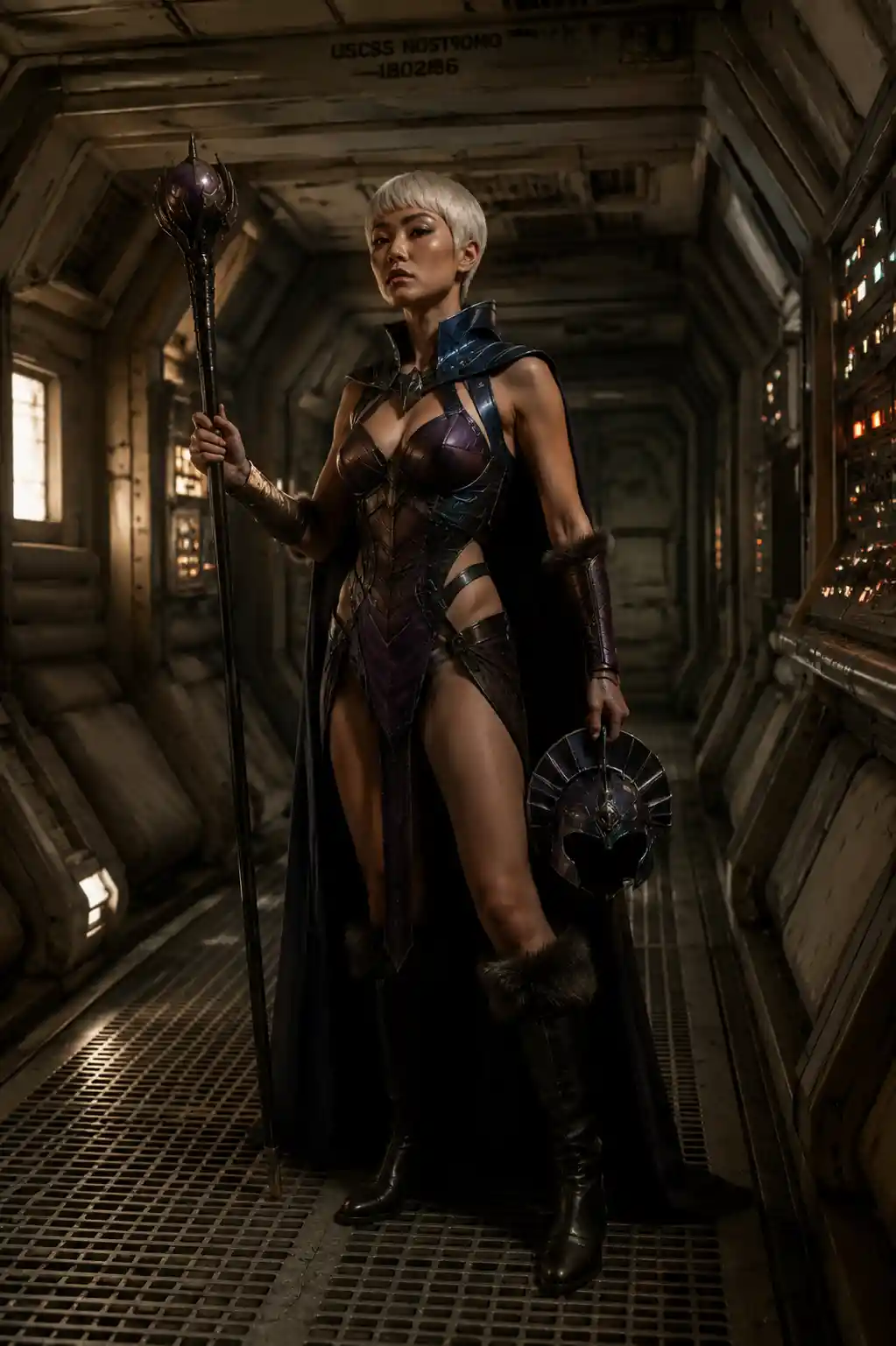 Warrior woman in armor standing in a dim spaceship corridor
