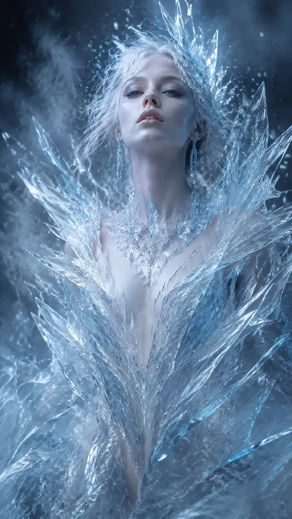 Cinematic portrait of a woman emerging from shattered ice sculpture