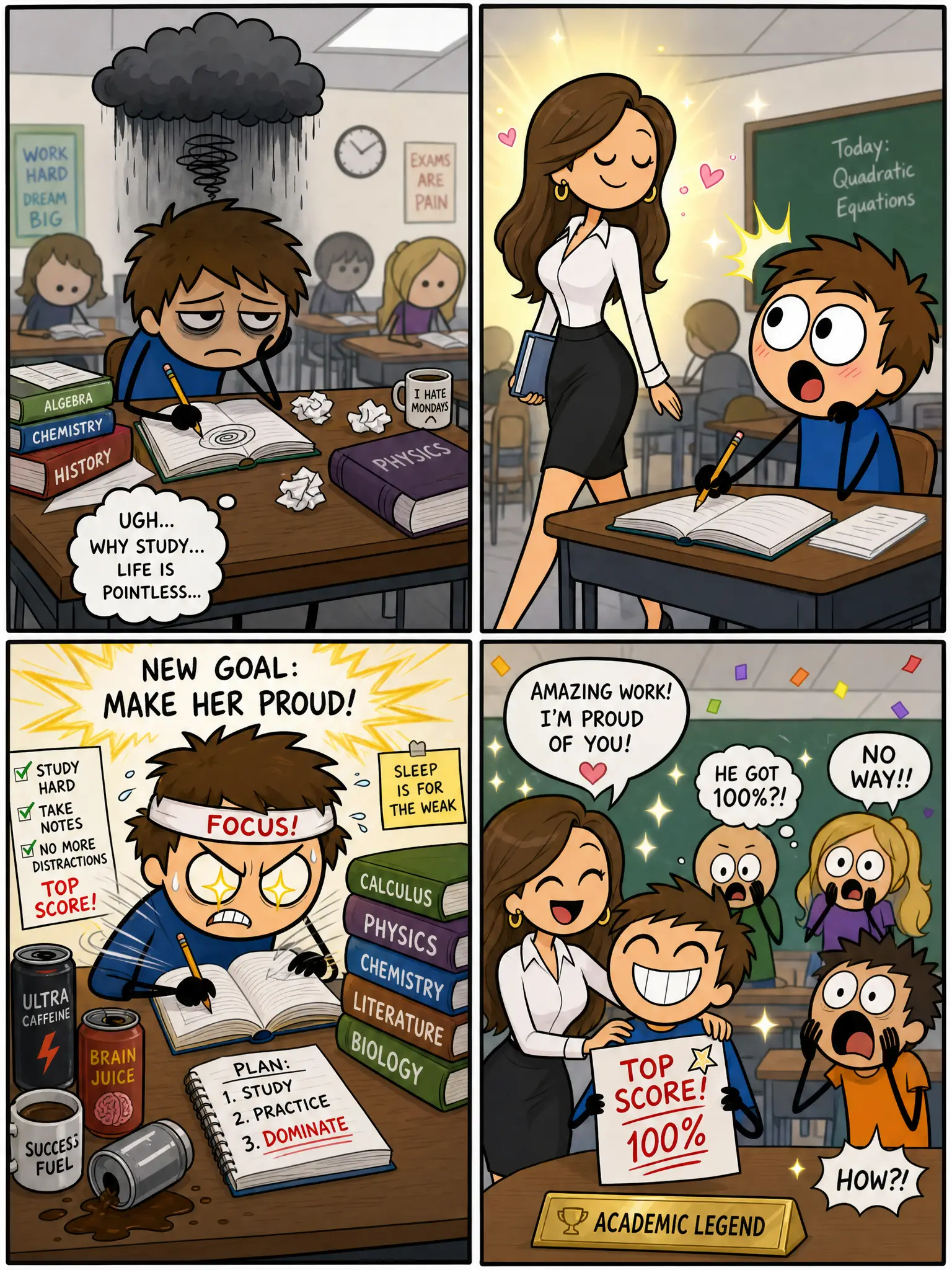 Gloomy student in classroom with simple cartoon style