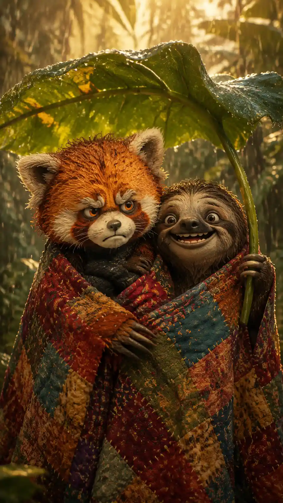 Red panda and sloth cuddling under a tropical leaf