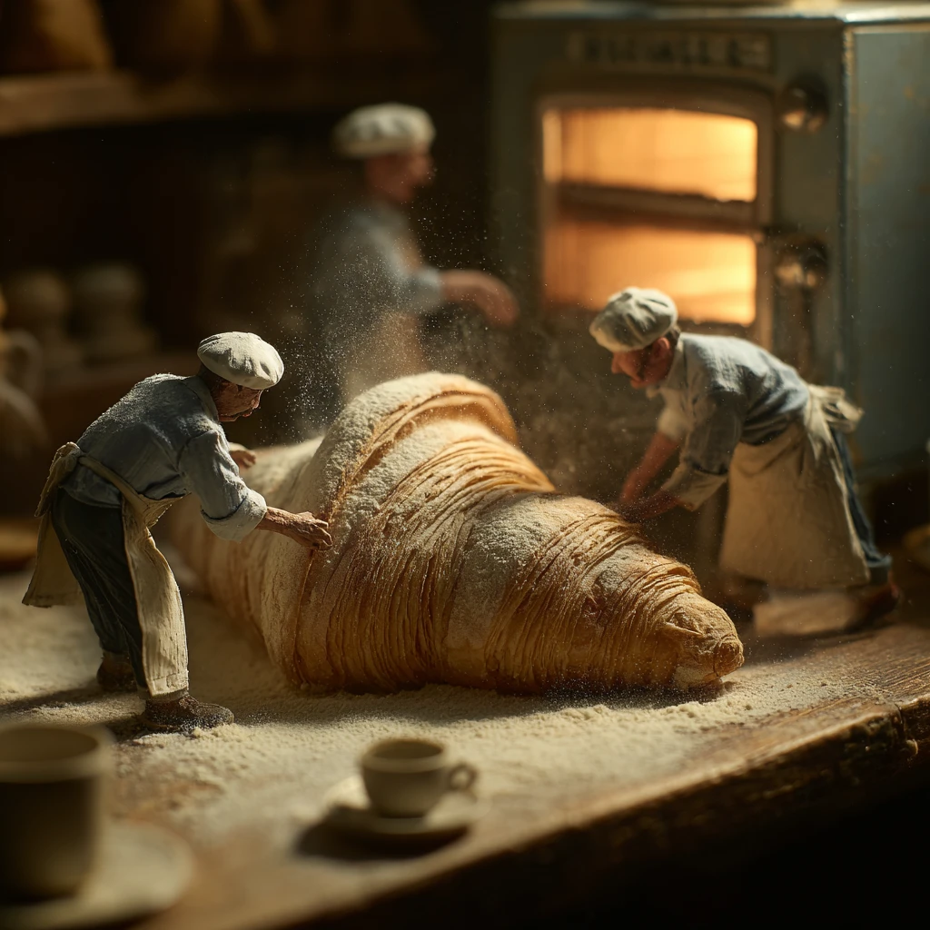 Panaderos en miniatura amasando un croissant gigante al amanecer