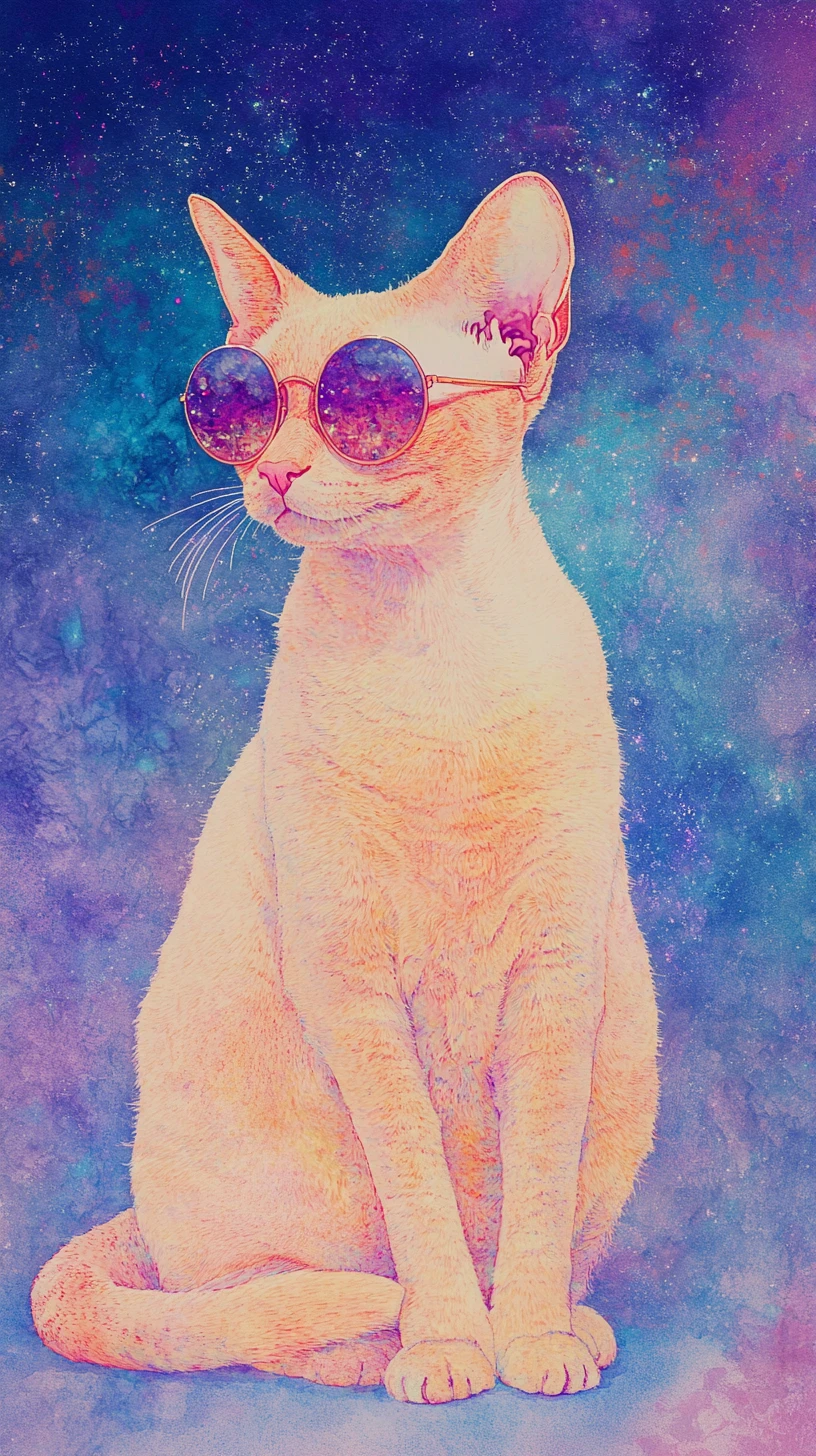 Sphynx cat in round sunglasses against dreamy cosmic sky