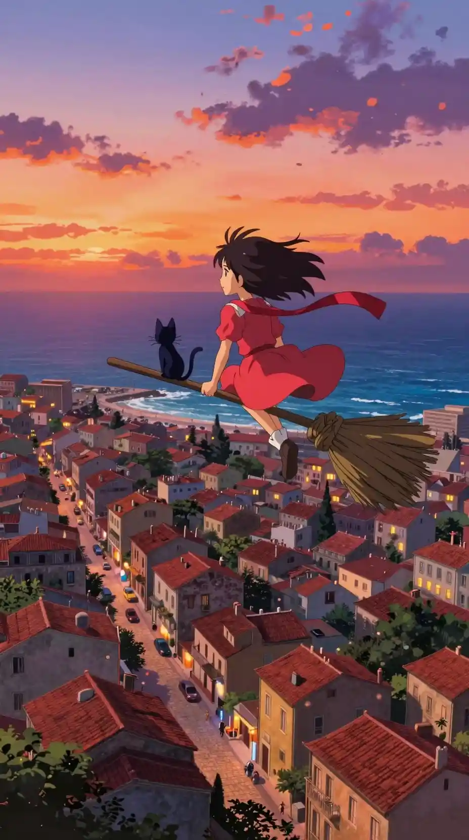 Anime girl flying over a Mediterranean coastal city