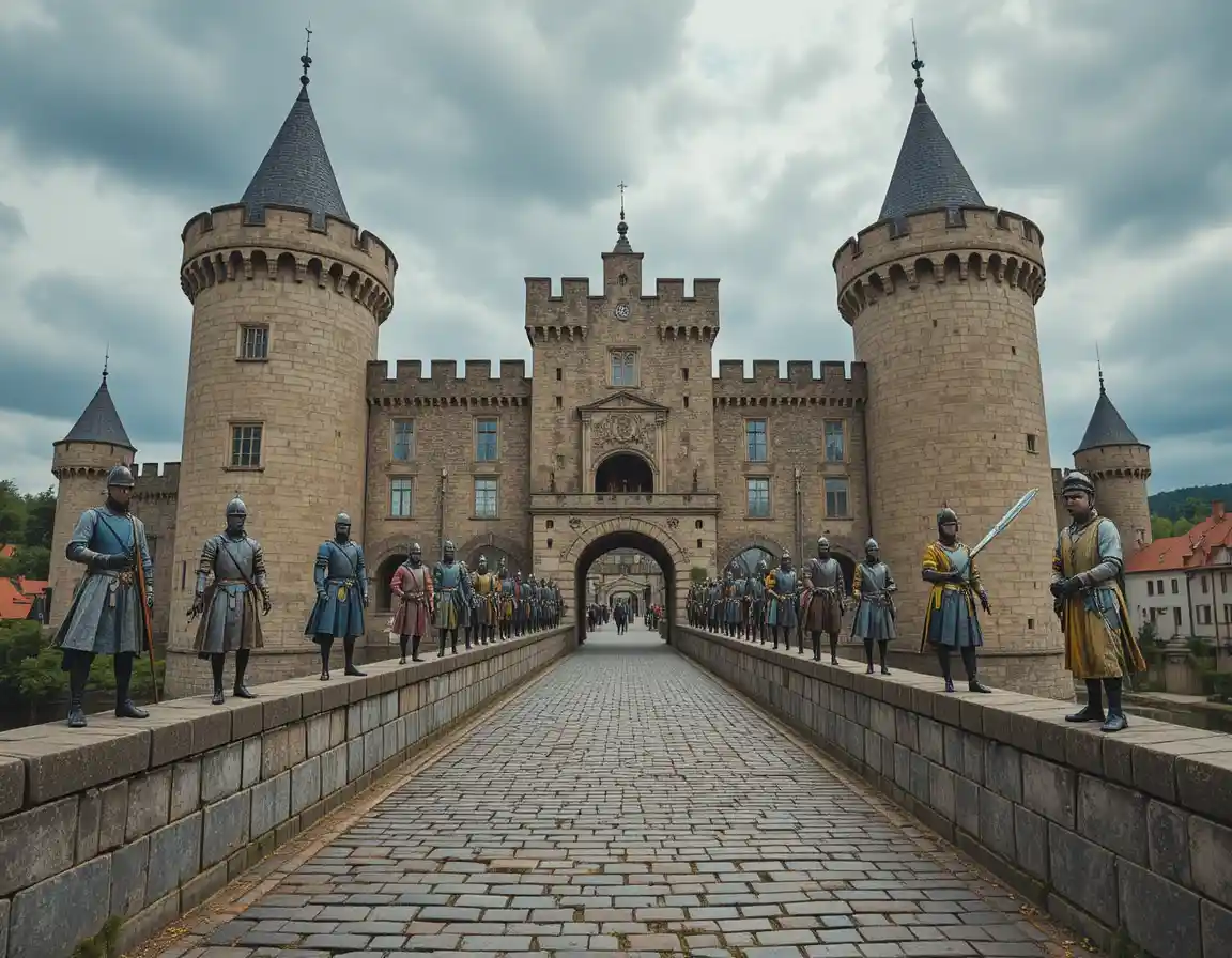 Medieval castle courtyard with armored knights and horses