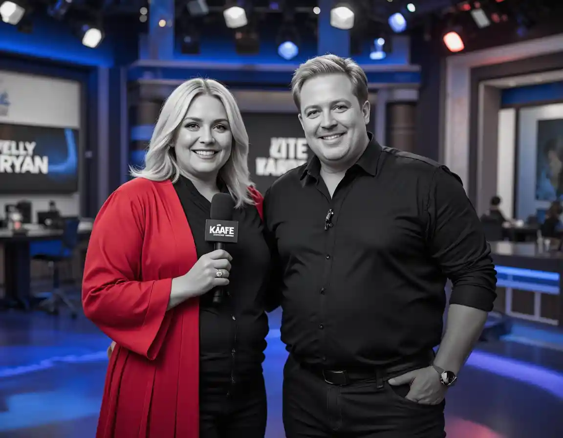 Friendly tv hosts in a modern live studio interview