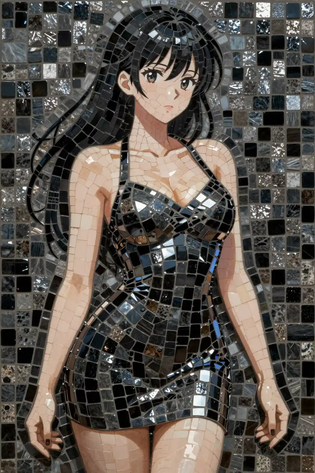 Mosaic portrait of an anime woman in a short dress
