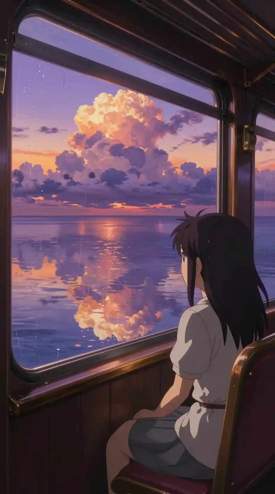 Anime girl on quiet train gazing over sunset sea