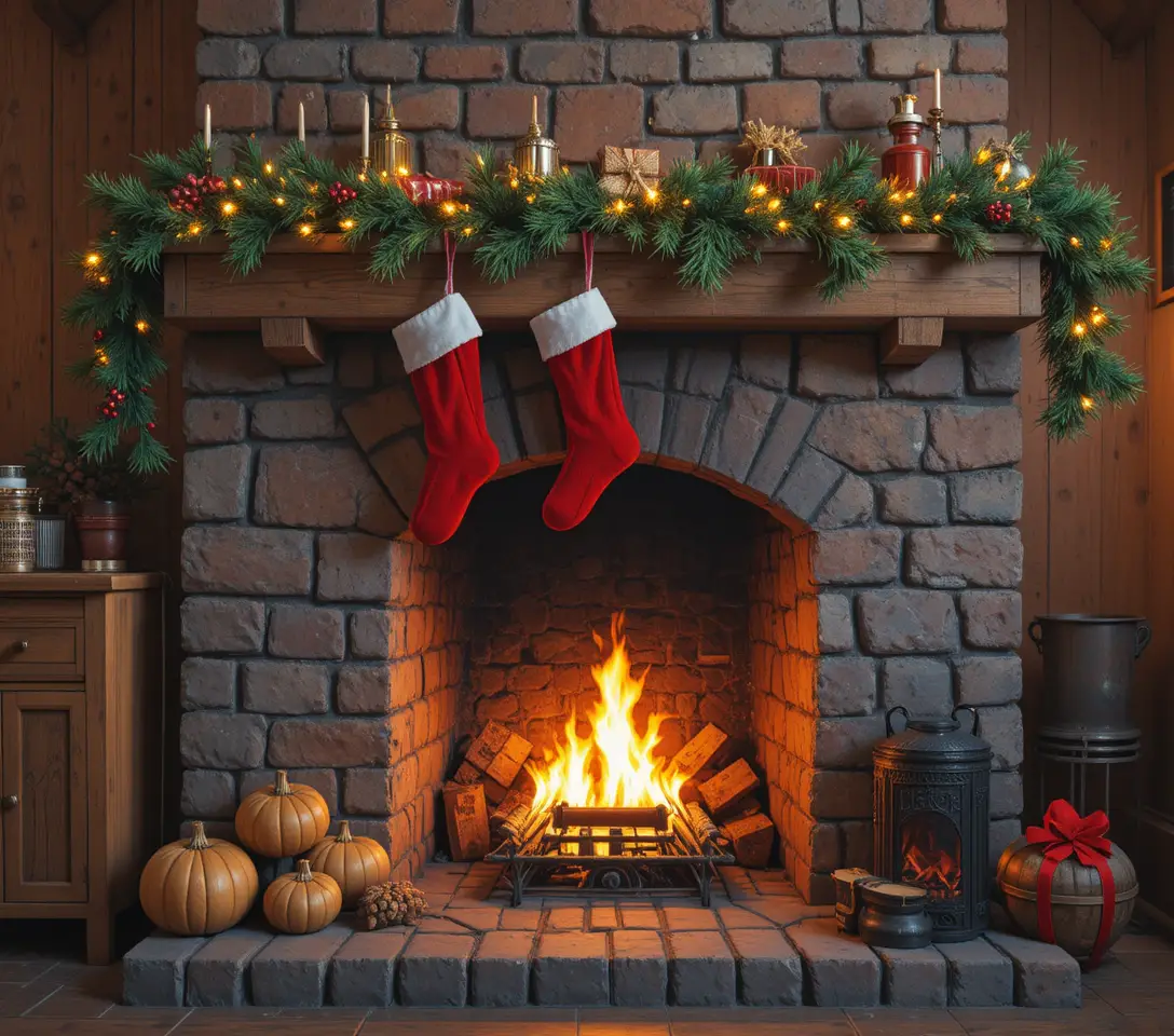 Cozy stone fireplace with hanging red Christmas stockings