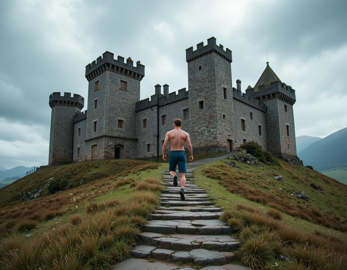 Athletic man jumping by medieval stone castle walls