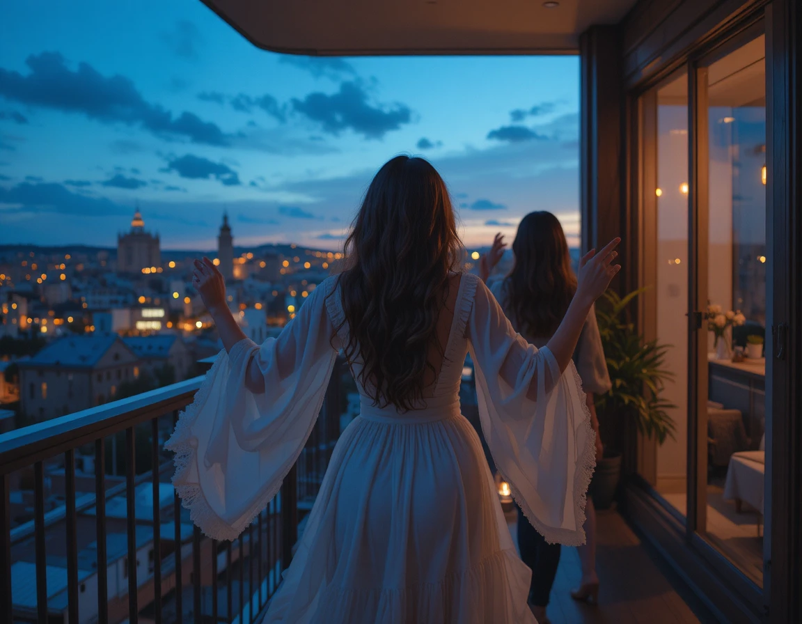 Woman in white dress dancing on balcony at sunset