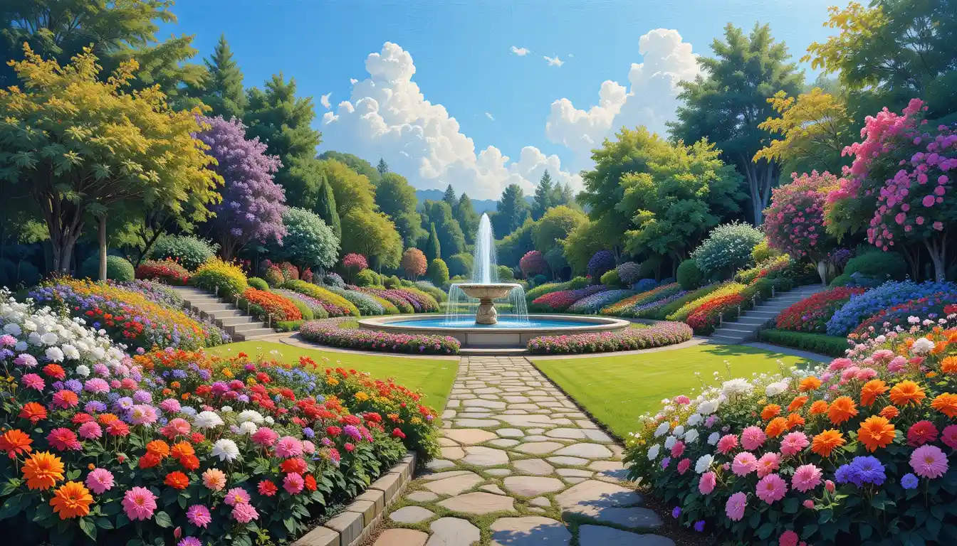 Lush flower garden with stone path and tranquil fountain