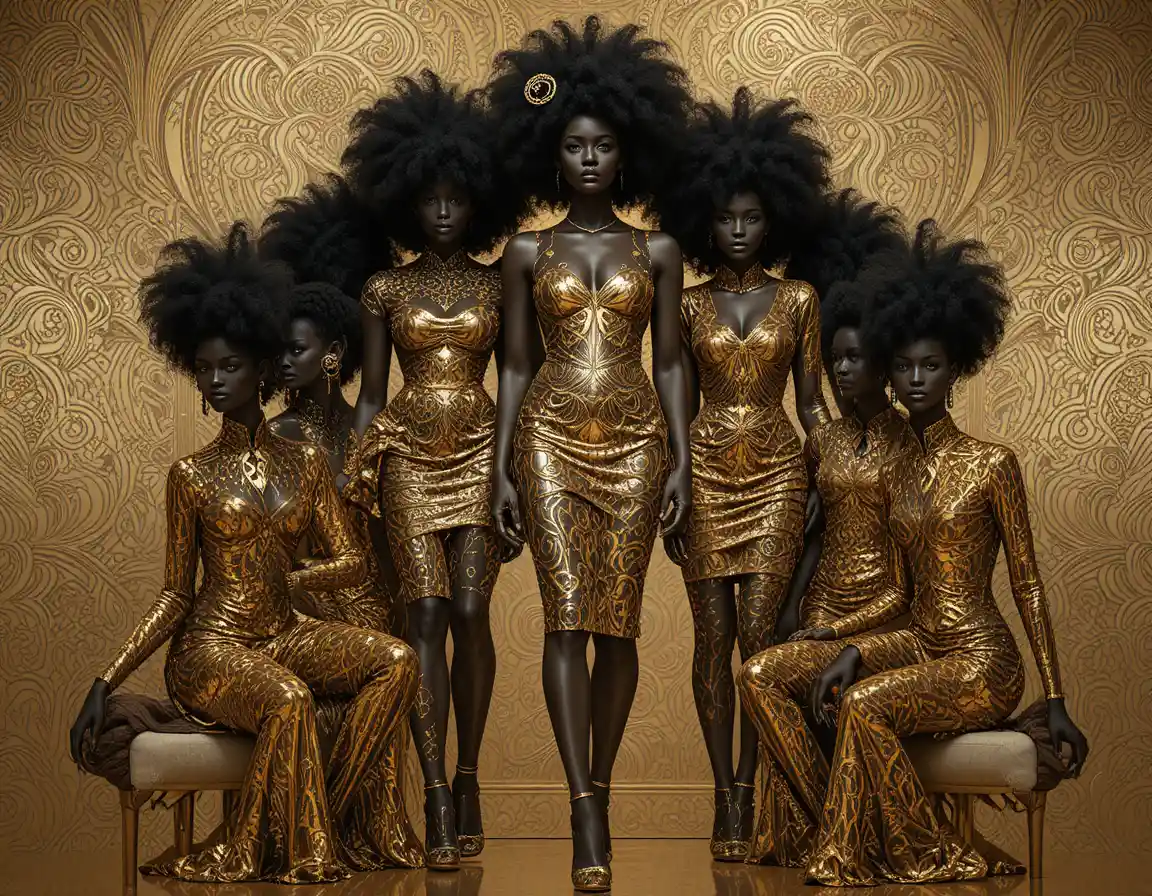 Black fashion models on golden runway in elegant outfits