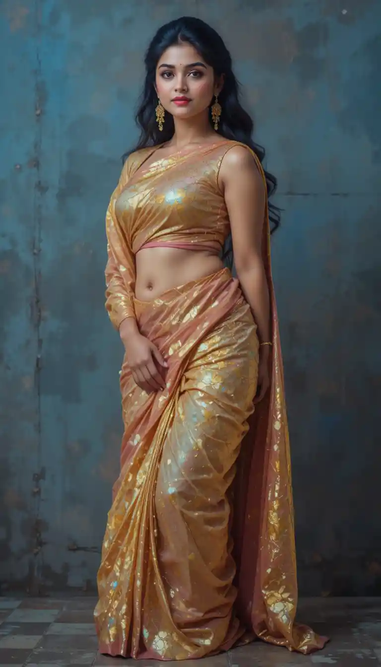Tamil woman in modern glossy saree bending forward pose