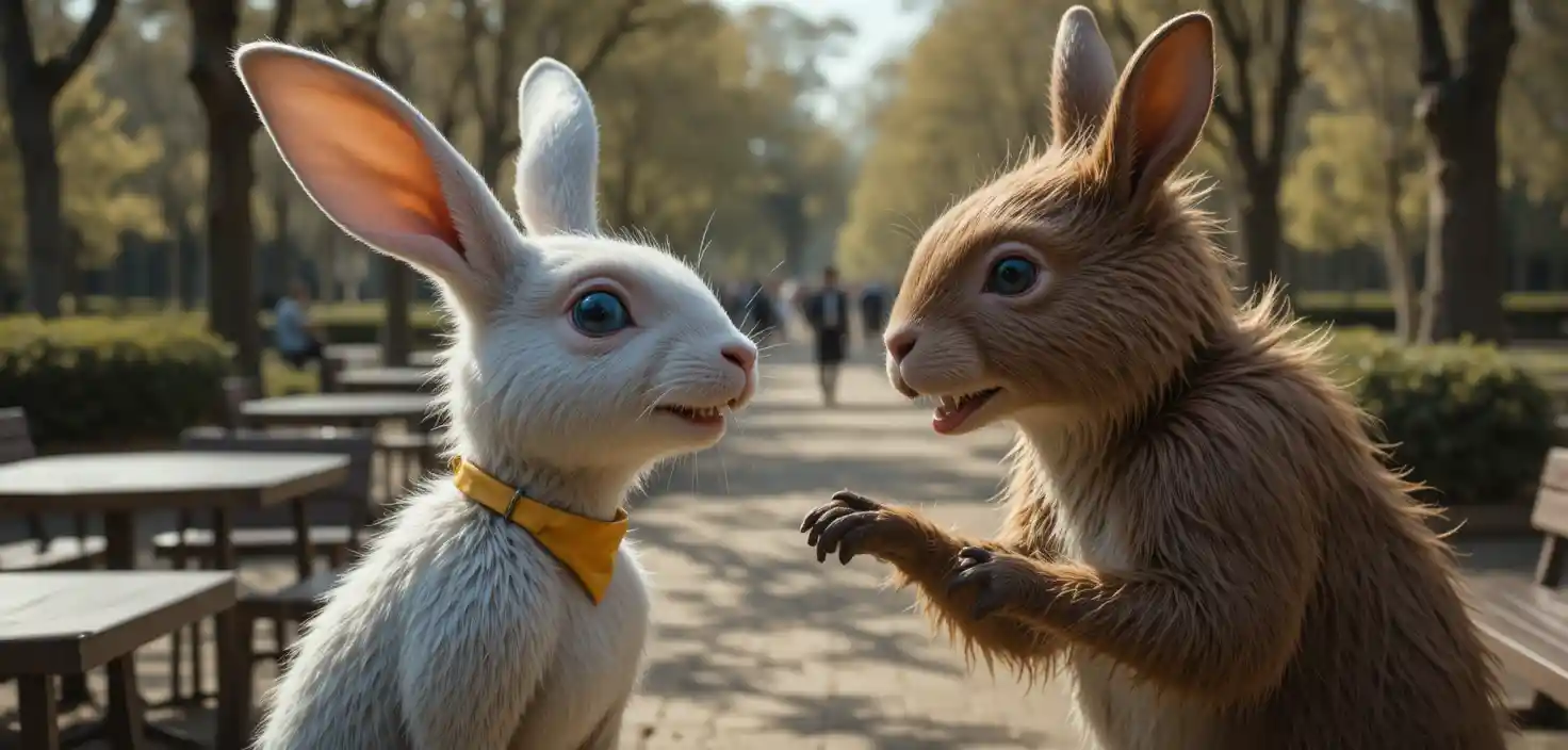 Curious rabbit and bear characters meeting in a sunny park