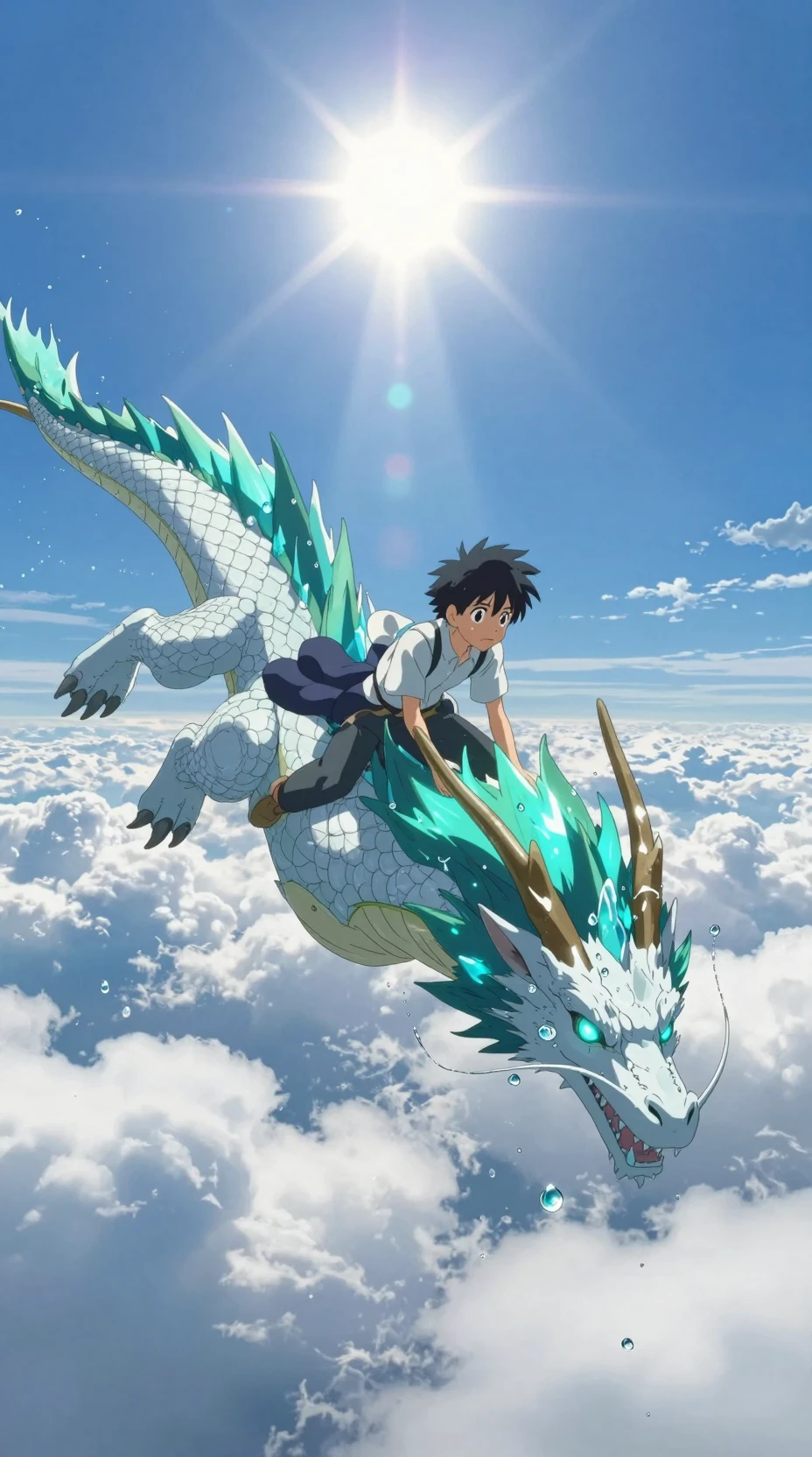 Dragon soaring above clouds with girl in tender moment