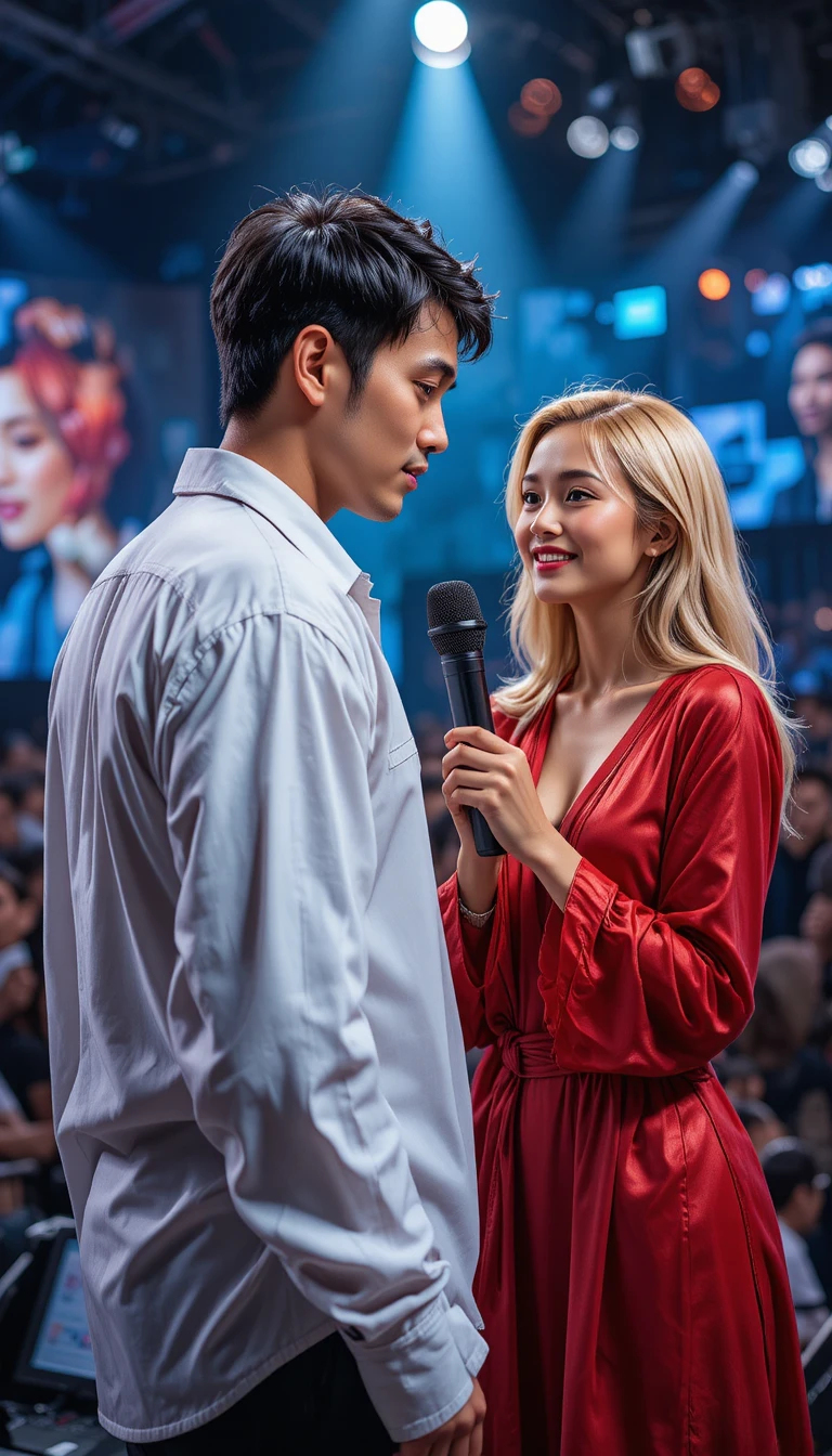 Blonde reporter interviewing man under bright studio lights