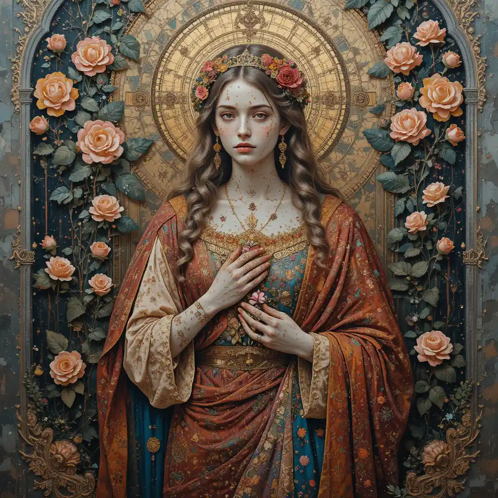 Saintly mural with wounds blooming into enameled roses