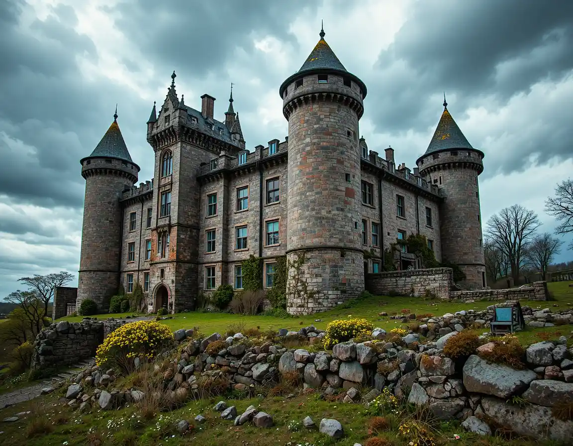 Medieval stone castle ruins in moody Scottish landscape