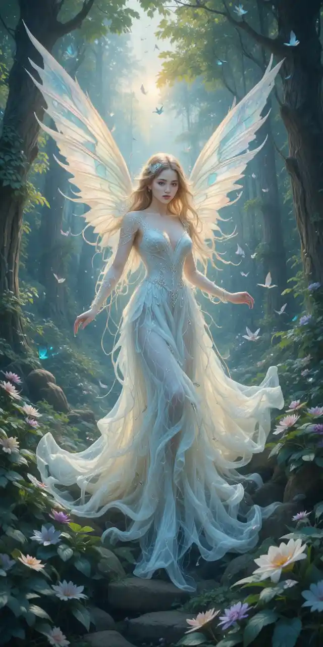 Ethereal Fairy With Iridescent Wings In A Lush Forest