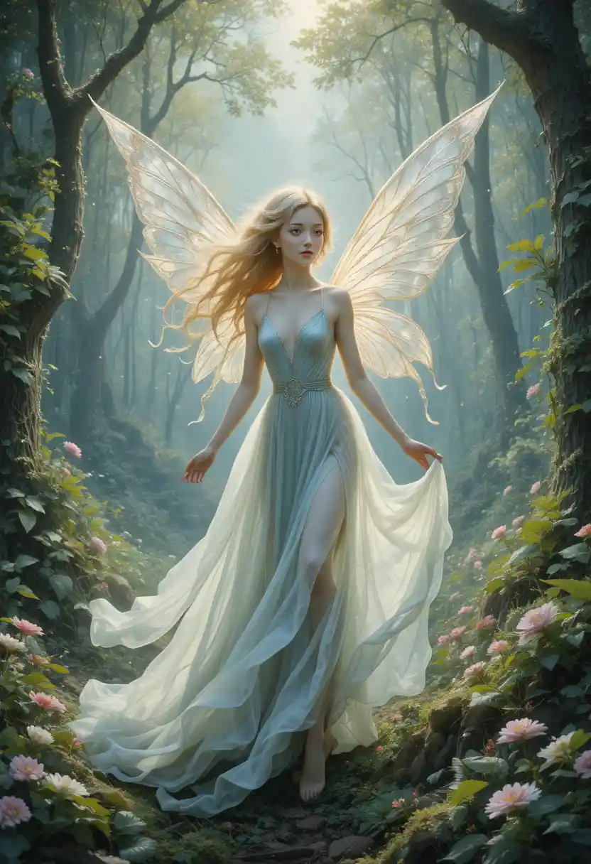 Ethereal Fairy Woman In A Lush Enchanted Forest
