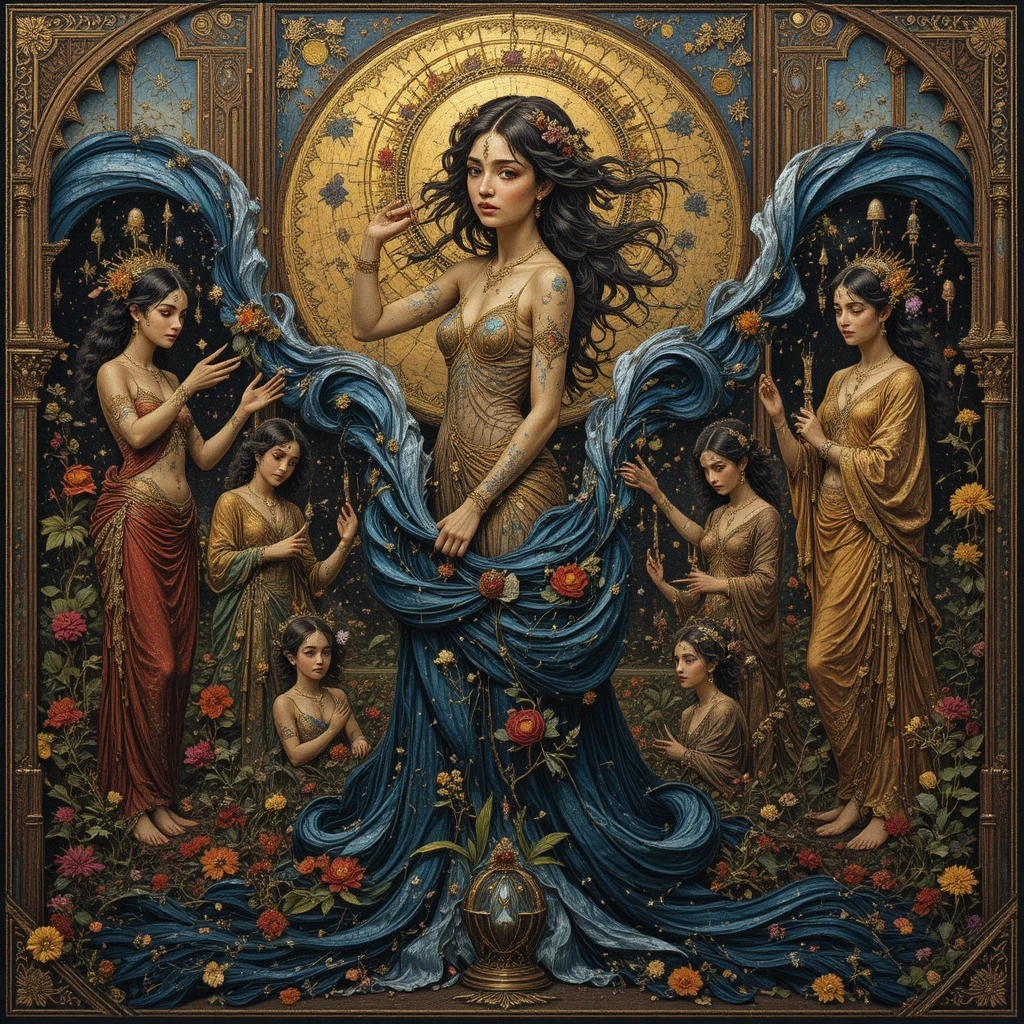 River god dissolving into ornate embroidered silk threads