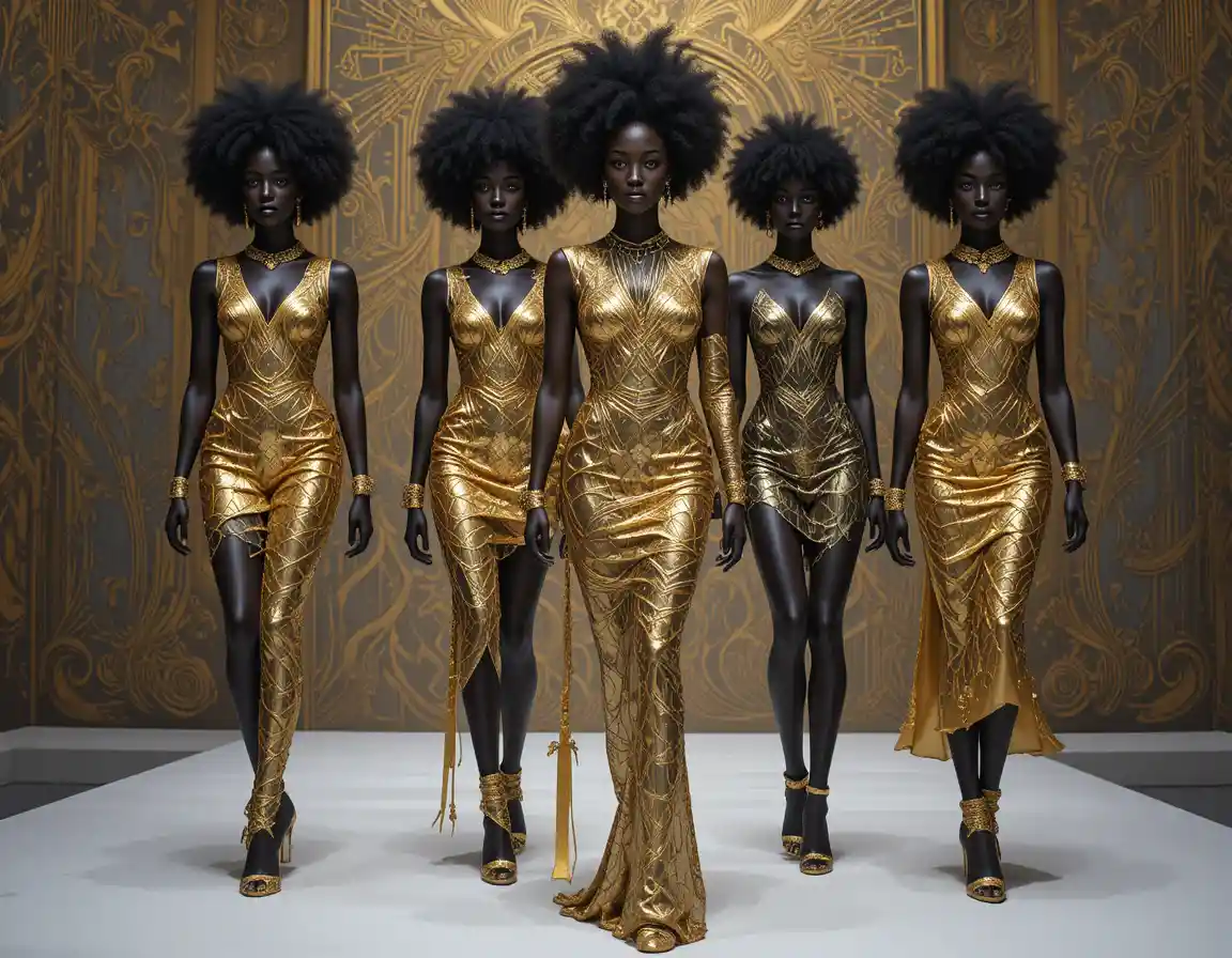 Black American models in gold outfits on fashion runway