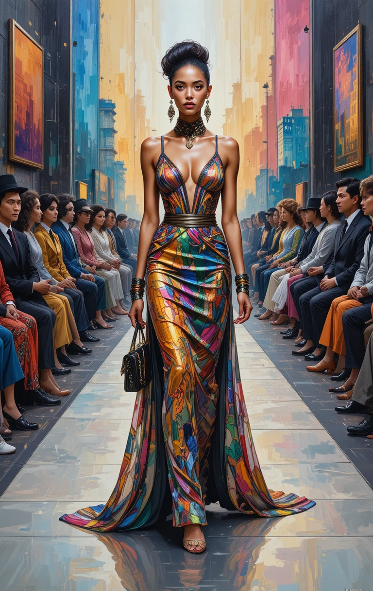 Confident fashion model on a modern catwalk in the city