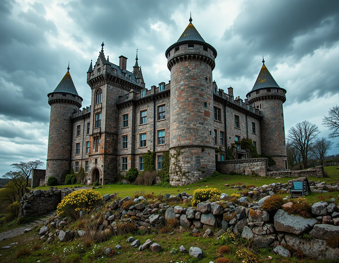 Medieval stone castle ruins in moody Scottish landscape