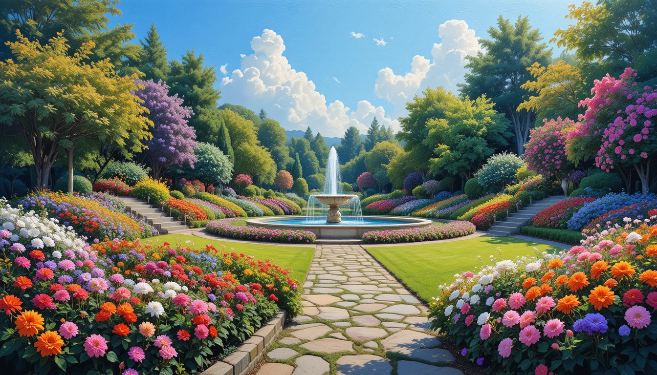 Lush flower garden with stone path and tranquil fountain