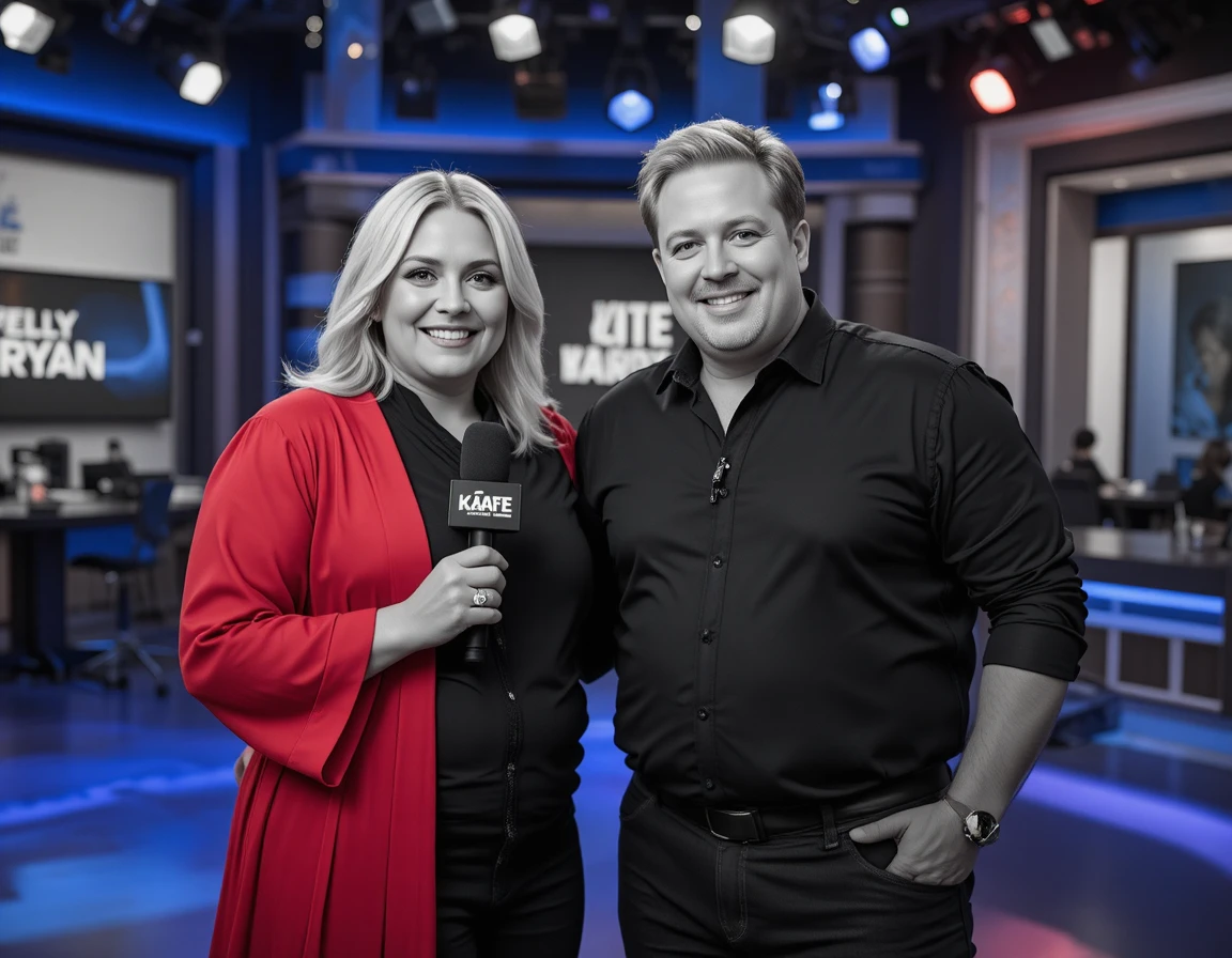 Friendly tv hosts in a modern live studio interview