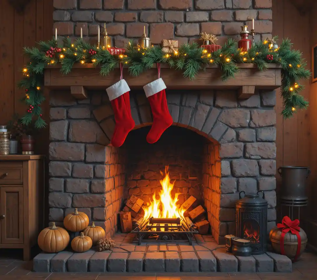 Cozy stone fireplace with hanging red Christmas stockings