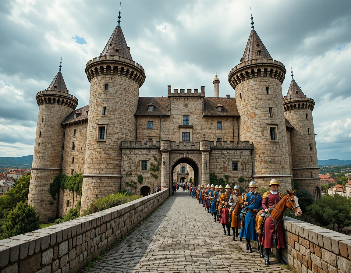 Medieval castle courtyard with knights on horseback in armor