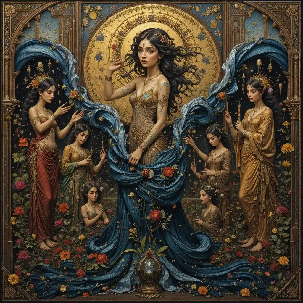 River god dissolving into ornate embroidered silk threads