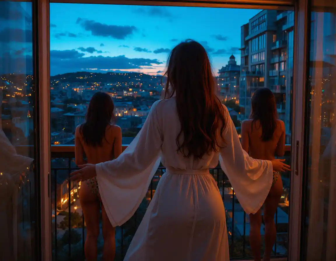 Woman in white dress dancing on urban balcony at sunset