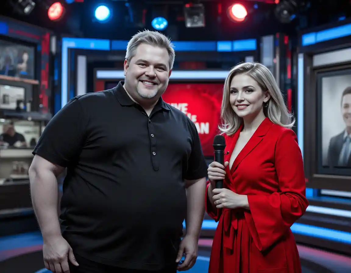 Smiling hosts in a modern live television studio interview