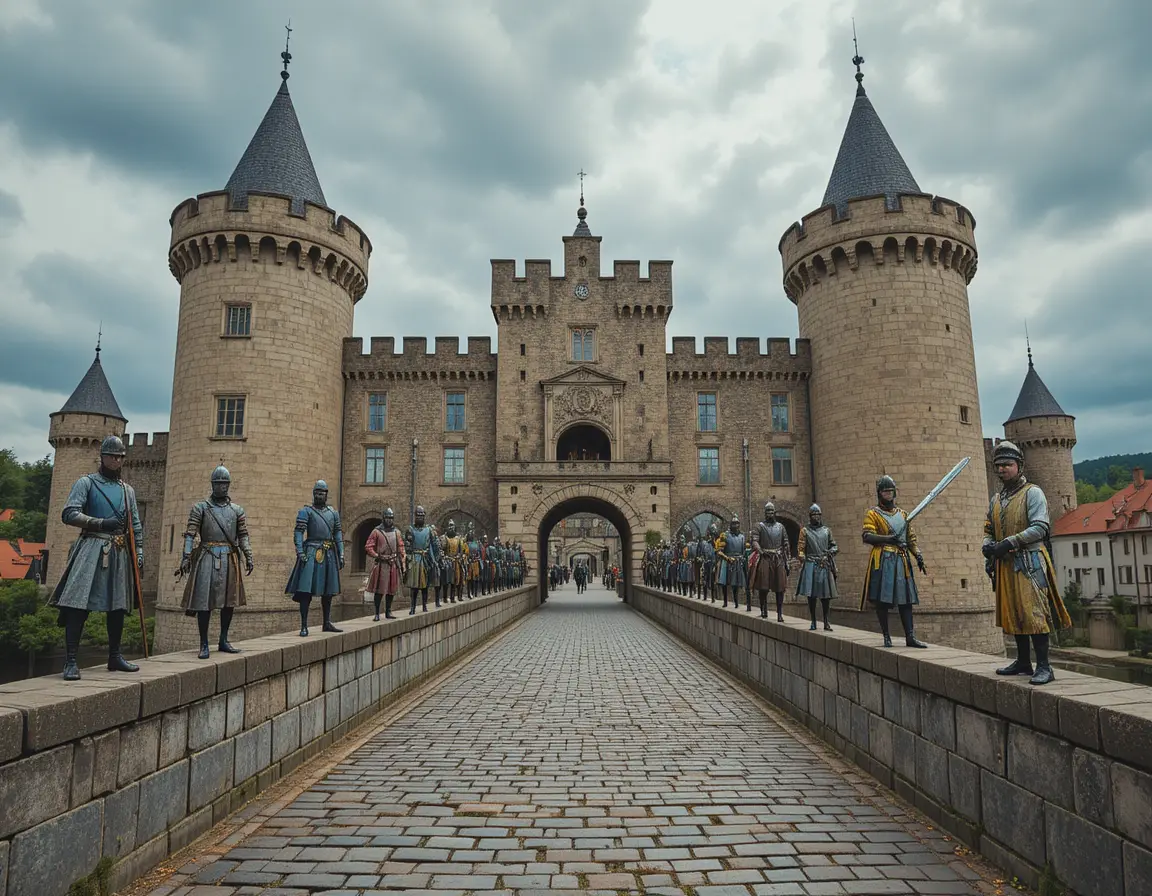 Medieval castle courtyard with armored knights and horses