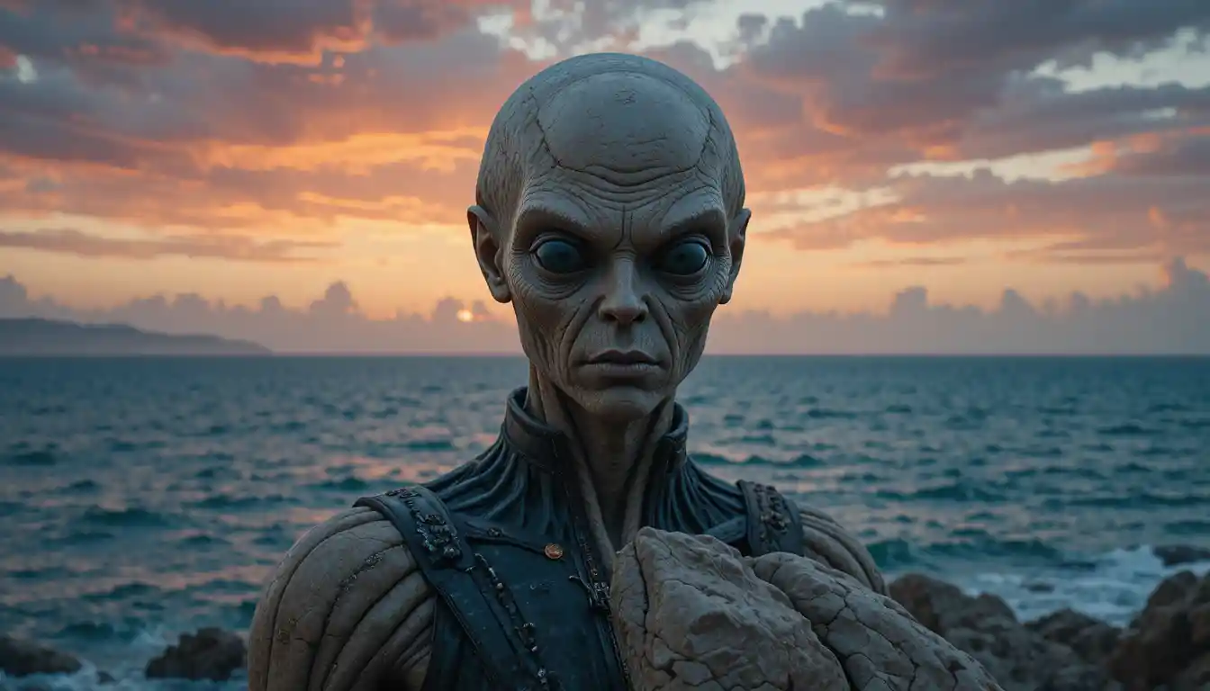 Cinematic close up portrait of an ancient humanoid alien