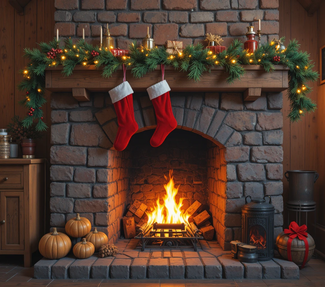 Cozy stone fireplace with hanging red Christmas stockings