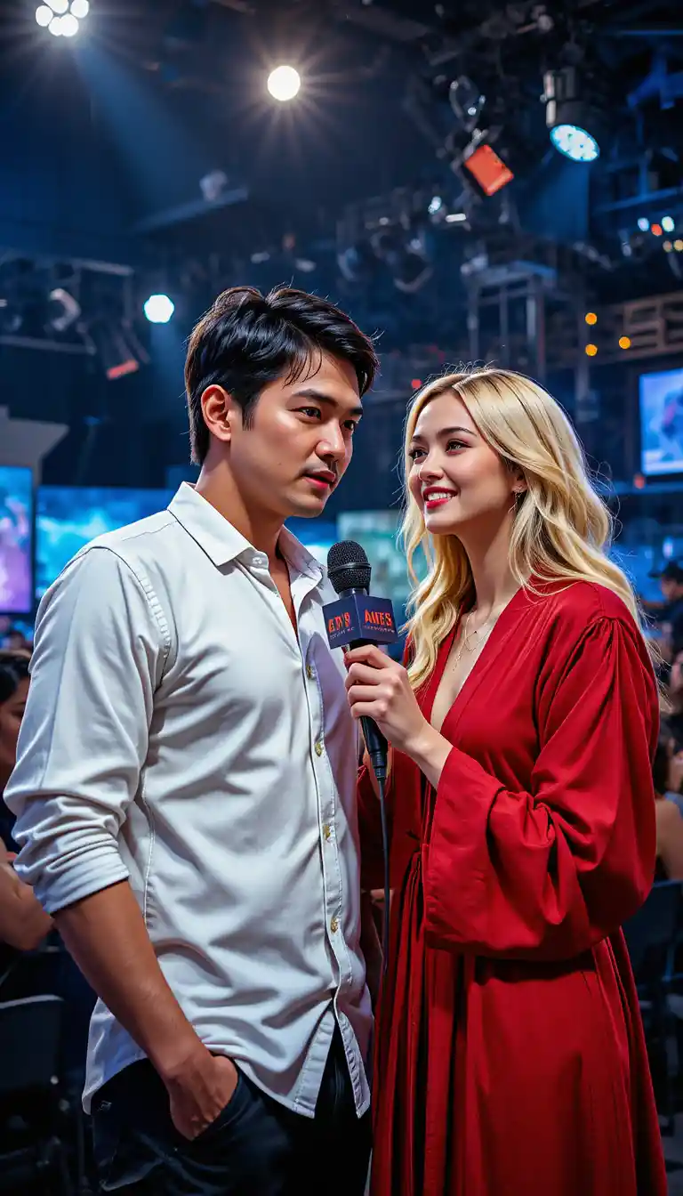 TV studio interview with man and female reporter